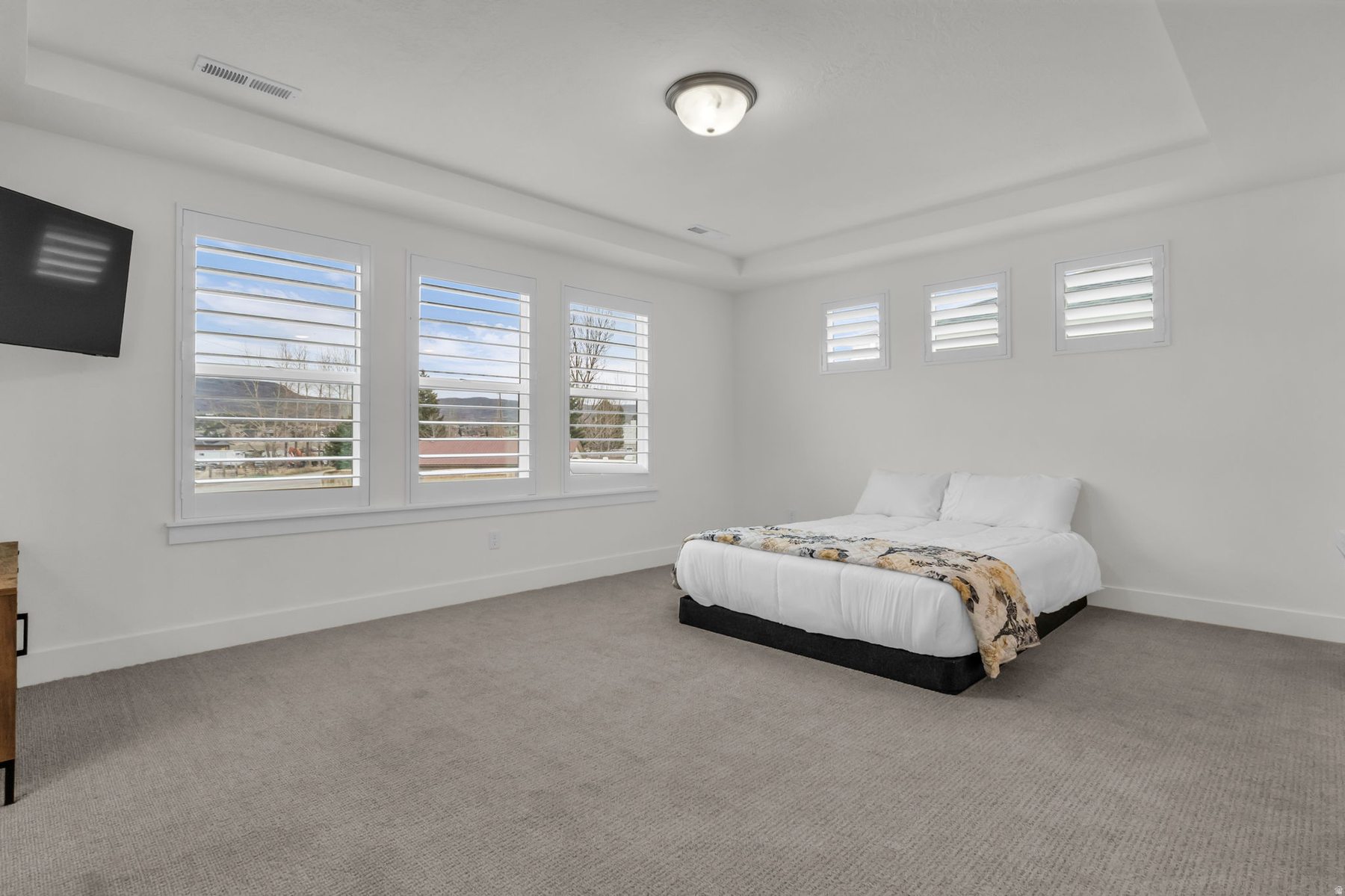 Second bedroom at 1243 S 1040 E Heber City with tray ceiling carpet and mountain views